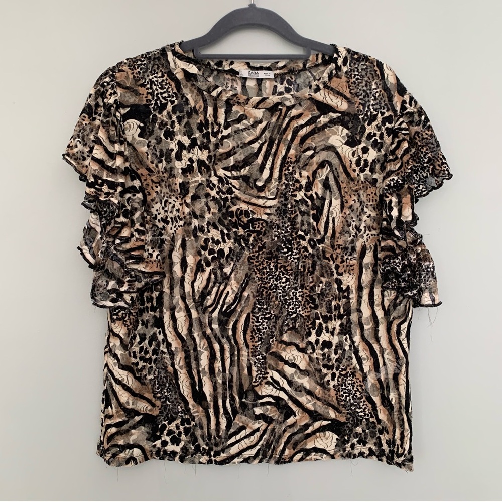 Zara Woman Mixed Animal Print Sheer‎ Mesh Lace Ruffle Sleeve Blouse Top Large
